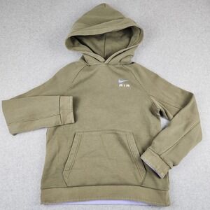 Nike Air Boys Large Olive Green Pullover Hoodie Fleece Sweatshirt Purple Trim